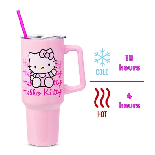 Silver Buffalo Sanrio Hello Kitty Waving Stainless Steel Tumbler with Handle and Straw, Fits in Standard Cup Holder, 40 Ounces - Thumbnail 6