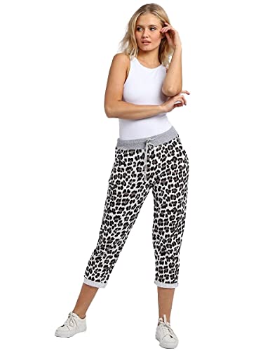 Candid Styles Womens Italian Denim Joggers Sweatpants Plain Floral Star Elasticated Waist Gym Running Yoga Pants Jogging Turn Up Trousers 8-22#Leopard Print Trouser#UK 12-14