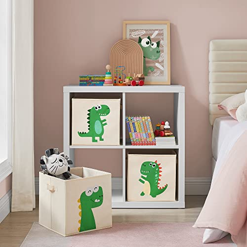 SONGMICS Aufbewahrungsbox, 3er Set, Aufbewahrungskorb, Spielzeugaufbewahrung, Stoffboxen, 30 x 30 x 30 cm, faltbar, mit Griffen, Schlafzimmer, Spielzimmer, Dinosaurier-Motive, beige RFB704W03