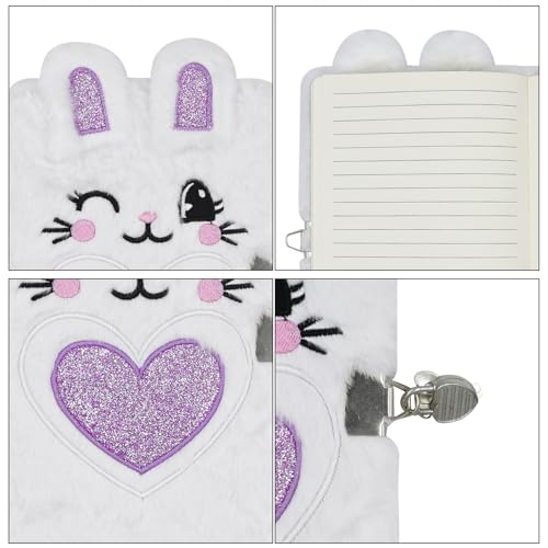 Image of Caviotess Plush Bunny Secret Diary with Lock and Key, Cute Glitter Locking Journal Writing Drawing Notepad for Girls Kids (160 Pages)