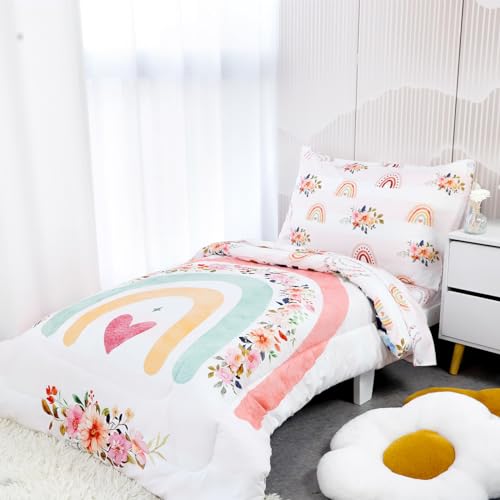 Image of Toddler Bedding Sets for Girls, Rainbow Toddler Crib Bedding Set 4 Piece Pink Floral Toddler Comforter Set Includes Flat Top Sheet, Fitted Sheet, Comforter, Envelope Pillowcase, Soft & Comfort