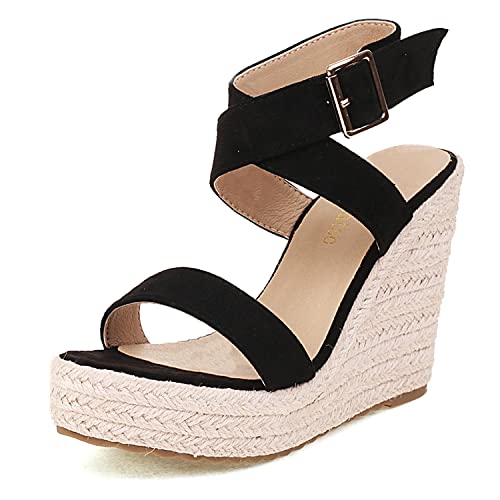 Women's High Heel Platform Espadrille Wedge Sandals Open Toe With Faux Leather Upper Cross Ankle Adjustable Buckle Strap Non Slip Soles