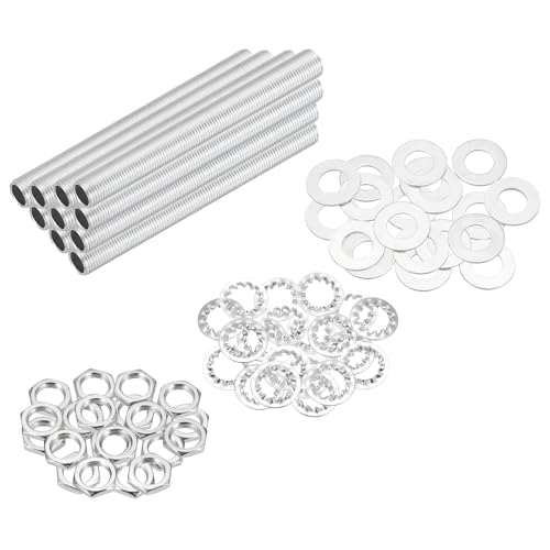 Image of MECCANIXITY 70Pcs 3.9 inch Lamp Pipe Nipples Kit with Hex Nuts Washers, M10 Fine Threaded Hollow Tube Repair Hardware Fasteners Assortment for Assembly Chandelier Ceiling Lamp DIY, Silver