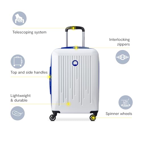 DELSEY PARIS Christine Hardside Expandable Luggage, Stylish and Unique, Glossy Exterior with 360 Spinner Wheels, Lockable Telescoping Handle, Men and Women, White with Blue Trim, Carry-On 20-Inch2