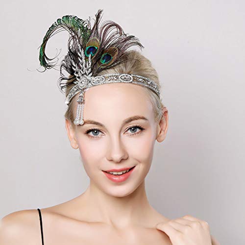 Asooll 1920s Flapper Peacock Headband Roaring 20s Great Gatsby Crystal Feather Headpiece Feather Showgirl Prom Hair Accessories for Women