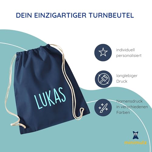 minimutz personalisierter Turnbeutel mit Namensdruck zum Zuziehen | bedruckt mit Namen für Jungen & Mädchen | Zuziehbeutel Stoffbeutel in vielen Farben (Dunkelblau)