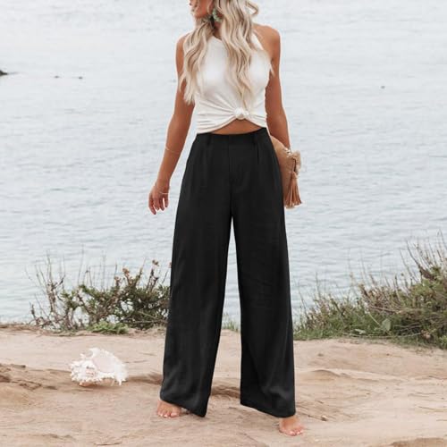 Linen Wide Leg Dress Pants Women Business Casual Elastic Waist Comfy Work Pants Lightweight Vacation Beach Trousers3