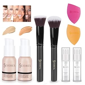 Makeup Kit Included Full Coverage Foundation Kit with SPF Nude and Buff Beige, Primer, Makeup Sponge, Flat & Round Top Brush, 8 in Pack Cruelty-Free Beauty Gift for Women, Teens, Starters