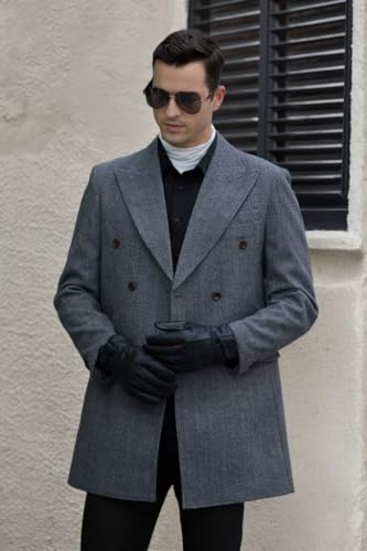 Image of Men's Herringbone Wool Blend Khaki Trench Coat Peaked Collar Long Jacket Overcoat Double Breasted Pea Coat wih Pockets XL