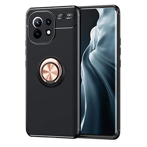 LEYAN Funda para Xiaomi Mi 11, TPU Silicona Protección Carcasa, Bumper Caso Case Cover con Shock- Absorción y 360° Anillo Kickstand, Rosegold+Negro