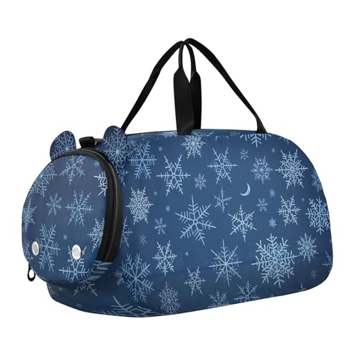 Dark Blue Snowflakes Girl's Gym Duffel Bag with Shoes Compartment Lightweight Weekender Overnight Duffel Bag for Beach Swim Bags Pool Sports