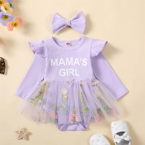 Baby Girl Fall Clothes Cute Long Sleeve Mesh Tutu Romper Dress Infant Newborn Dress (MAMA'S GIRL-Purple, 0-3 Months)2