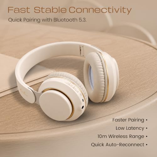 Image of PunnkFunnk FusionBeat Wireless Bluetooth Headphones with BT 5.3, Noise Cancelling, Hi-Res Audio, 40mm Drivers, Deep Bass, Memory Foam Ear Cushions, Over-Ear Headset, Teens & Adults (Beige)