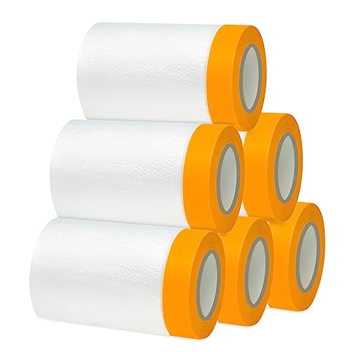 Gigmeta 6 Rollen Abdeckfolie Maler Abdeckfolie Klebeband Goldband Masker mit Folie 55cm*20M Transparent Abdeckfolie mit Gewebeklebeband Selbstklebende Malerfolie Malerband