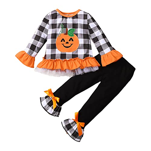 1-6T Toddler Girl Halloween Clothes Set Plaid Pumpkin T-Shirts Tees Pullover Shirts Tops+Flare Pants Outfit Set