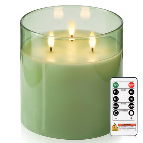Image of Homemory 6 x 6 Inch Extra Large Flameless Candle with 3 Wicks, Sage Green Glass LED Pillar Candle, Real Wax Battery Operated Candle with Remote Control and Timer for Home Decor