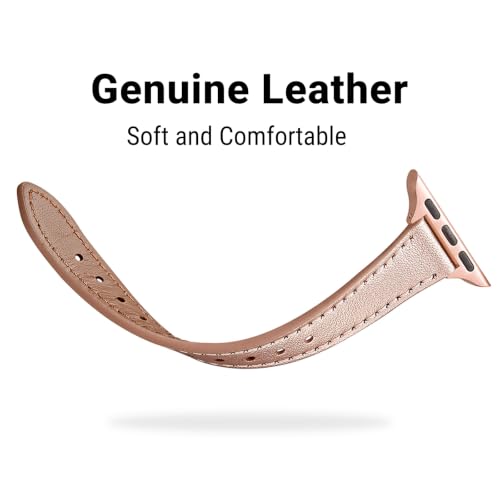 Image of STIROLL Slim Leather Bands Compatible with Apple Watch Band 49mm 46mm 45mm 44mm 42mm(Series 3 2 1), Top Grain Leather Watch Thin Wristband for iWatch Ultra SE Series 11 10 9 8 7 6 5 4(Rose Gold)