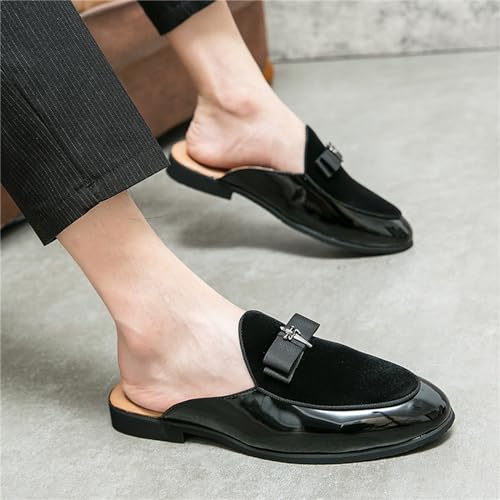 Men's Bowtie Patent Leather Slip-On Mules Slippers,Flats Stylish Formal Backless Loafers Work Slides Casual Half Loafers Sandals 6