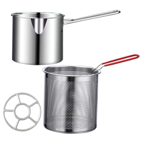 OHPHCALL 1Set Stainless Steel Fryer Kit with Long Handle Frying Pot and Fry Basket for Home Kitchen Drain for Tempura Cafe and Restaurant Use