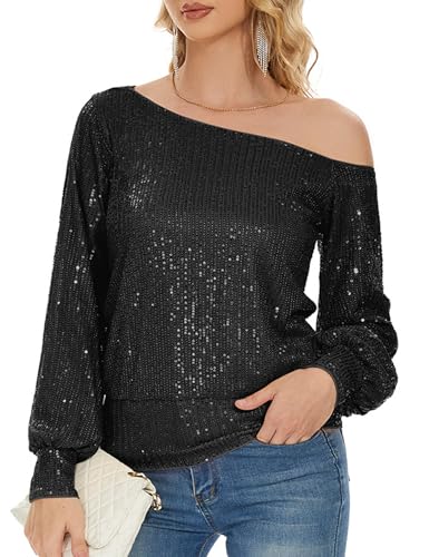 Genhoo Long Sleeve Sequin Tops for Women Off The Shoulder Glitter Sparkly Tops Dressy Party Shirts for Holiday Evening Party