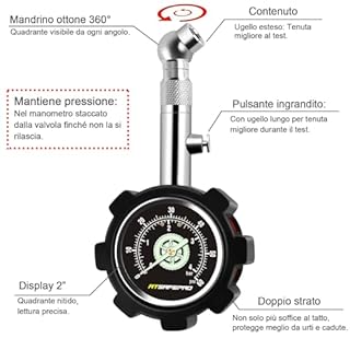 ATsafepro Manometro Pressione Gomme 60psi 4 bar,Manometro pneumatici certificato ANSI B40.1 preciso con ampio quadrante luminoso 1.5" Manometro meccanico professionale per moto, auto