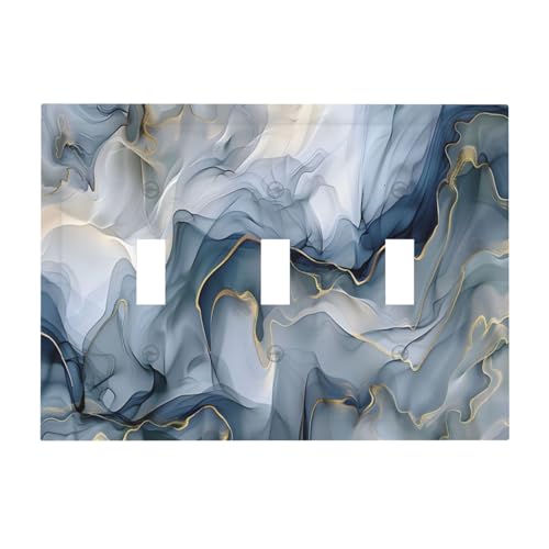 Decorative Switch Plate Covers Abstract Ink Blue Marble Glod Line Texture 3 Gang Light Switch Cover Plate Triple Toggle Wall Plate Outlet Covers for Bathroom Kitchen Decor