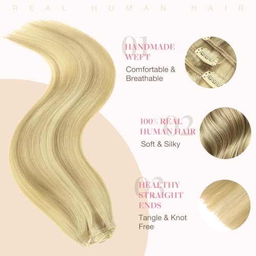 Image of GOO GOO Clip in Hair Extensions Real Human Hair, Remy Human Hair Extensions Clip ins for Women, Natural Human Hair, 18inch 120g 7Pcs, 16 /22 Light Blonde Highlighted Golden Blonde