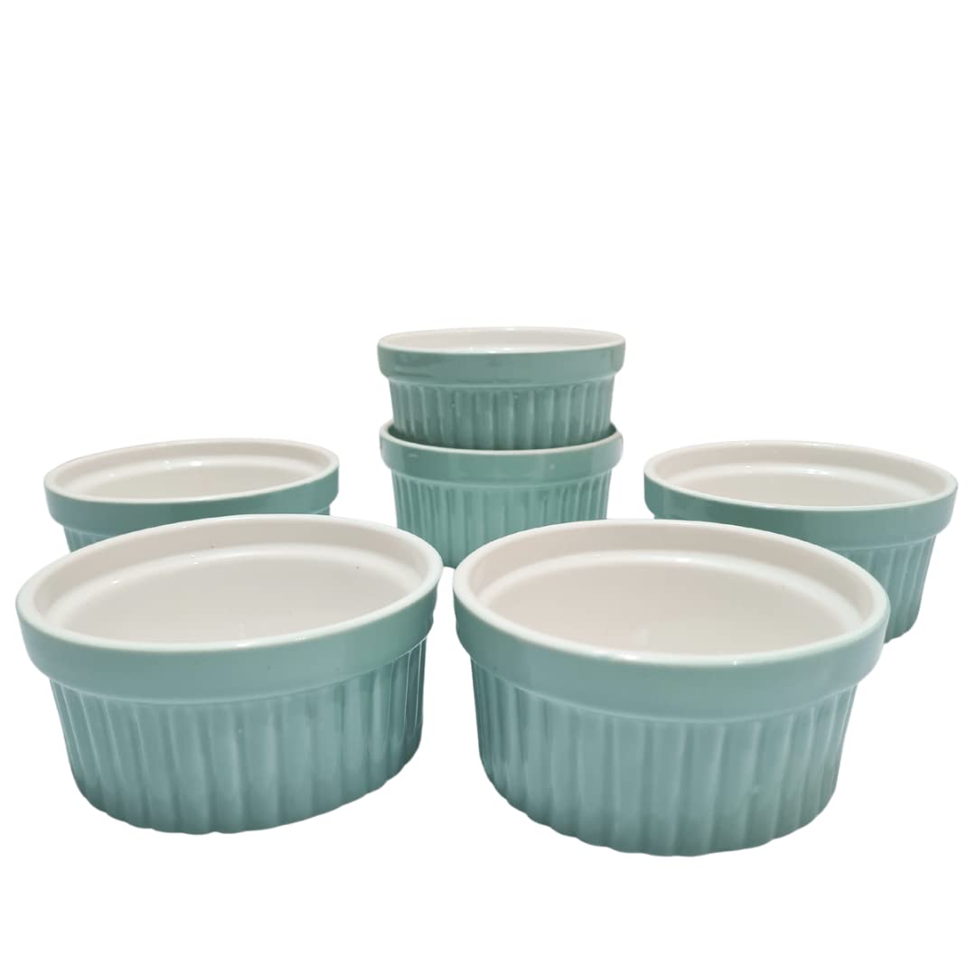 Bamby | Ceramic Ramekin Bowls Set of 6 - 200ml, White & Blue - Oven, Microwave & Dishwasher Safe - Ideal for Baking, Soufflé, Crème Brûlée, Dips, and Desserts (White & Blue) 2