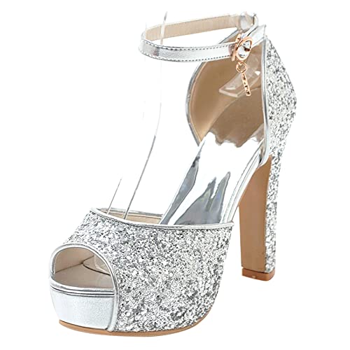Sandalias para Mujer de Tacón Alto, Sandalias Peep Toe Elegante Tacón Ancho Zapatos de Fiesta con Plataforma Hebilla Correa de Tobillo Lentejuelas 096 Plateado Talla 33 EU