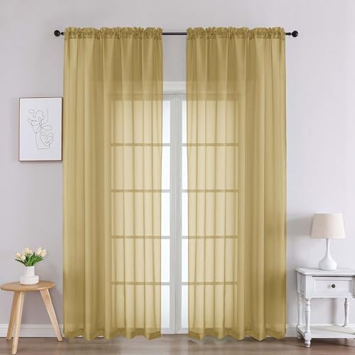 Image of Chyhomenyc Gold Sheer Curtains 90 Inches Long 2 Panels, Light Filtering Gold Curtains for Living Room, Soft Gentle Voile Rod Pocket Bedroom Window Drapes, 59Wx90L Inch, 2PCS