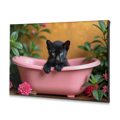 Toile murale de salle de bain chaton noir et baignoire rose DRPZ 30x40 cm