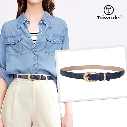 Image of TRIWORKS Women Leather Belt for Jeans Pants Fashion Ladies Skinny Faux Leather Dress belt with Gold Buckle