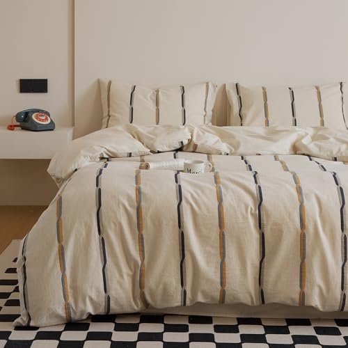 Image of VM VOUGEMARKET King Duvet Cover Set Jacquard Black Orange Stripes Duvet Cover with 2 Pillowcases Yarn-Dyed Linen Cotton Minimalist Bedding Set,104 inchx90 inch