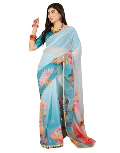 Image of SIRIL Women's Georgette Floral Printed Saree with Unstitched Blouse Piece
