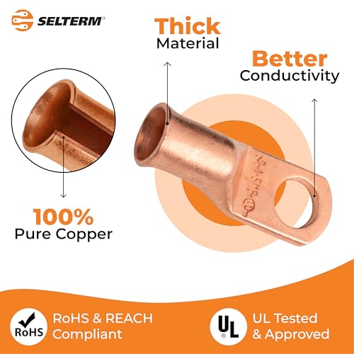 SELTERM 4 AWG (25 mm²) - 5/16" (M8) ⌀ Hole UL Heavy Duty Wire Lugs, Battery Cable Ends, Bare Copper Eyelets, Tubular Ring Terminal Connectors [B33] - 2 Pack