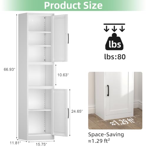 Image of Bathroom Storage Cabinet, White Cabinet with Shelves and Doors, Narrow Storage for Laundry, Tall Cupboard for Kitchen