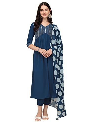 Women's Teal Blue Poly Crepe Straight Kurta with Pant and Dupatta SET00592