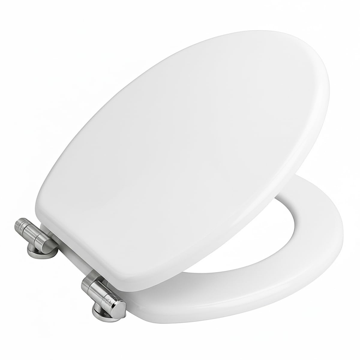 Homsmyth White Mdf Universal Toilet Seat Cover – Soft Close Wooden Toilet Lid With Adjustable Chrome Hinges – Durable Easy-Clean Oval Toilet Seat For Standard Toilets, Finish