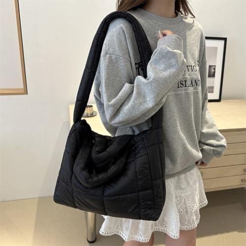 Women Quilted Plaid Handbag Large Capacity Quilted Top Handle Bag Solid Color Puffy Shoulder Bag Ladies Commute Bag4