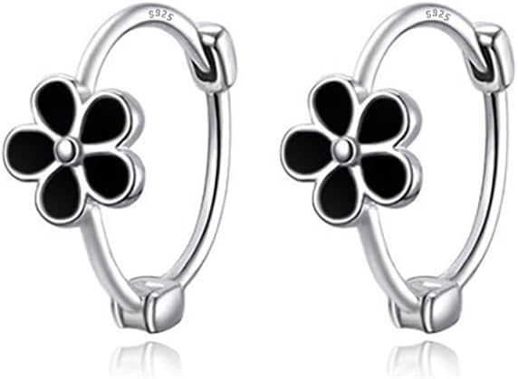 Reffeer Solid 925 Sterling Silver Daisy Flower Hoop Earrings Huggie for Women Teen Girls Black Flower Hoop Earrings Cartilage Helix Earrings