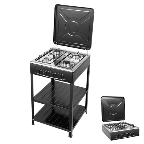 Hornillo de gas portátil de 4 quemadores para NG/LPG con 2 estantes y cubierta, estufa de camping independiente, estufa de camping, barbacoa de jardín, para caravana, apartamento, cocina al aire libre