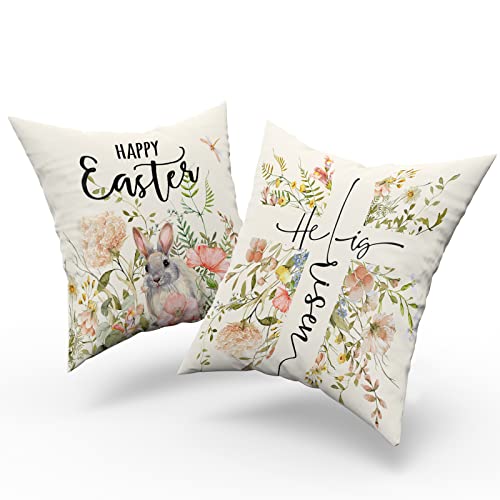 Giwawa Happy Easter Throw Pillow Covers, Spring Flower Bunny Rabbit Printed Decorative Pillow Case 18 X 18 Inch Set Of 2 Cushion Cover Zippered Square Farmhouse Decoration #TOP1