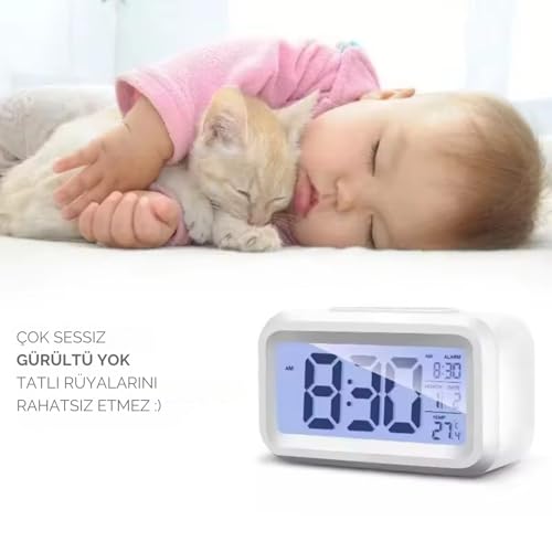 Şeker Ofisi Dekoratif Dijital Alarmlı Saat, 12/24 Dönüştürme Gece Görüşlü Yatak Başucu Saati Masa Saati Led Ekran Pilli Çalar Saat 13 x 4.5x 7.5cm (Beyaz)