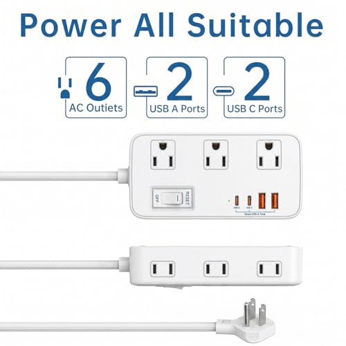 Extensión eléctrica estándar US con 6 tomas, puertos Tipo C y USB, cable de 1.5 m, estación de carga inteligente portátil para hogar y oficina, blanco miniatura 2