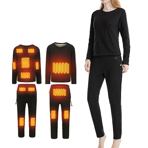 VLOBAOM Mens Womens Heated Thermal Underwear Set, Fleece Lined Warm Heated Shirt And Pants for Skiing Climbing,3XL, women black