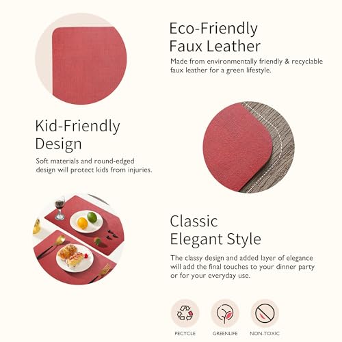 Maxpearl Faux Leather Placemats Set of 6 - Waterproof - Wipe Clean - Heat Resistant - Anti Slip Dining Table Place Mats, Suitable for Indoor & Outdoor Use, 17’’x12’’, Red