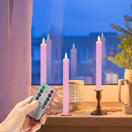 Image of Pink Flameless Taper Candles with Rmote, 9.6 inch Real Wax Battery Operated Candles with 3D Wick, 3 Pack Led Candlesticks Flickering, Electric Candlesticks for Home, Wedding, Party Decor