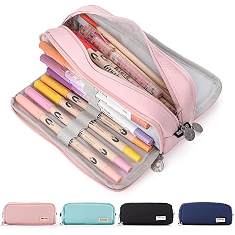 Maomaoyu Large Storage Pencil Case with 3 Compartments for Girls and Boys, Big Capacity Aesthetic Pencil Bag 3 Deckers for School Supplies, Pink Cover