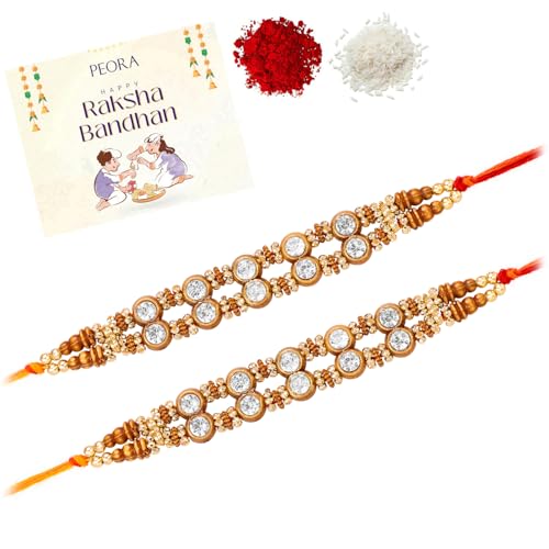 Image of Peora Rakhshabandhan Thread Rakhi for Brother Bhaiya | Kundan Beads & Crystal Studded | Combo Set of 2 | Rakhi Hamper Roli Chawal & Greeting Card