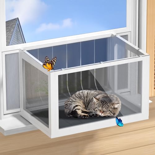 Caja de ventana para gatos Catio, recinto para gatos para interiores y exteriores con paneles transparentes, laterales de malla y cortina de PVC, percha universal para ventanas de 25 a 43 pulgadas